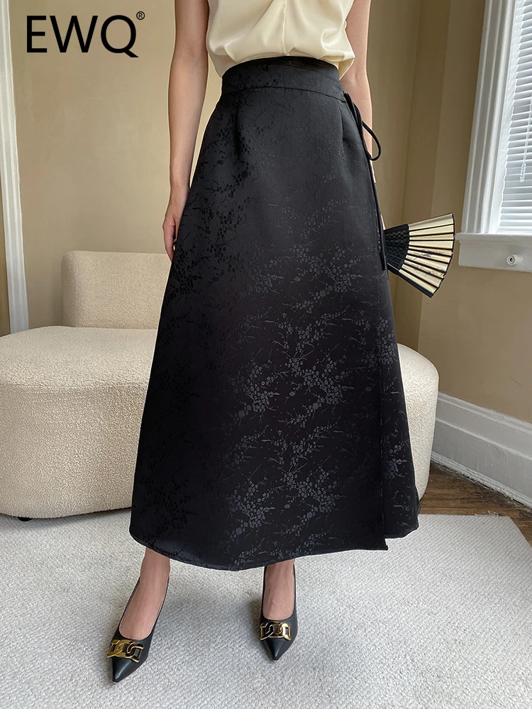 

EWQ Elegant French Style Jacquard Drawstring Skirt For Women High Waist Mid-length Loose Skirts 2023 Summer New Clothing 26D4258