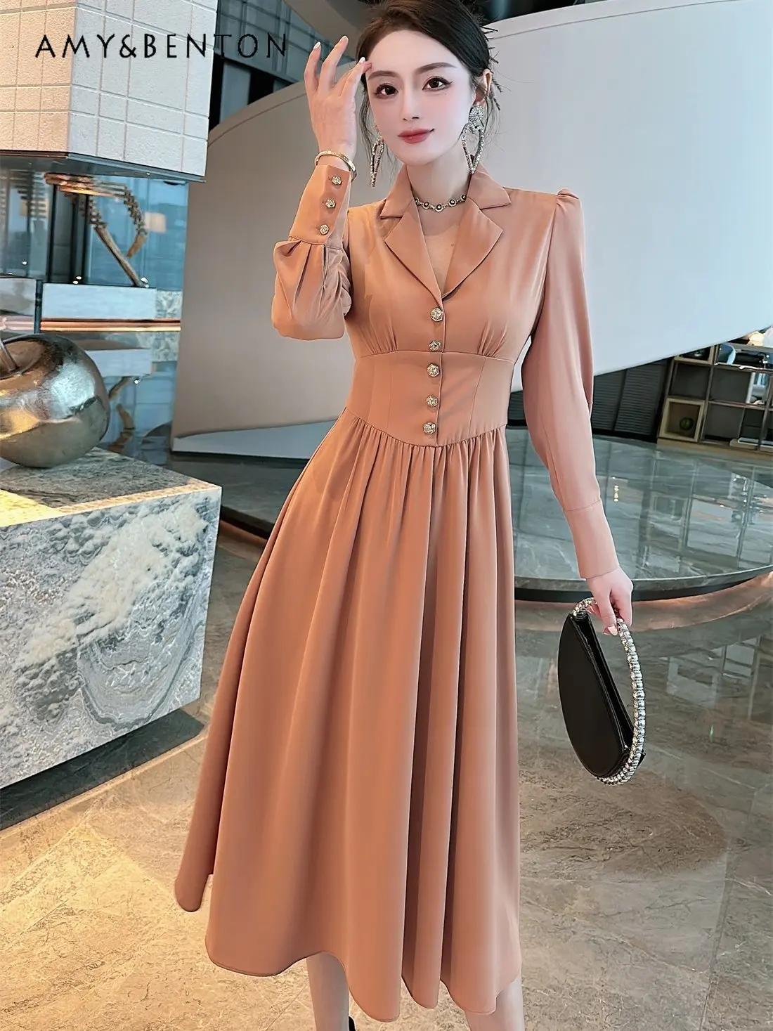 

Elegant Long Sleeve Dress 2023 Spring New Ladies Temperament Commute Suit Collar High Waist Big Swing A- Line Dress for Women