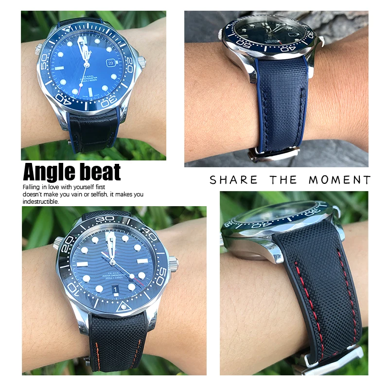 Фото Новый двухцветный ремешок для часов подходит для Omega Planet Ocean Seamaster, резиновый силиконовый нейлоновый кожаный ремешок для часов 19 мм, 20 мм, 21 мм, 22 мм №4
