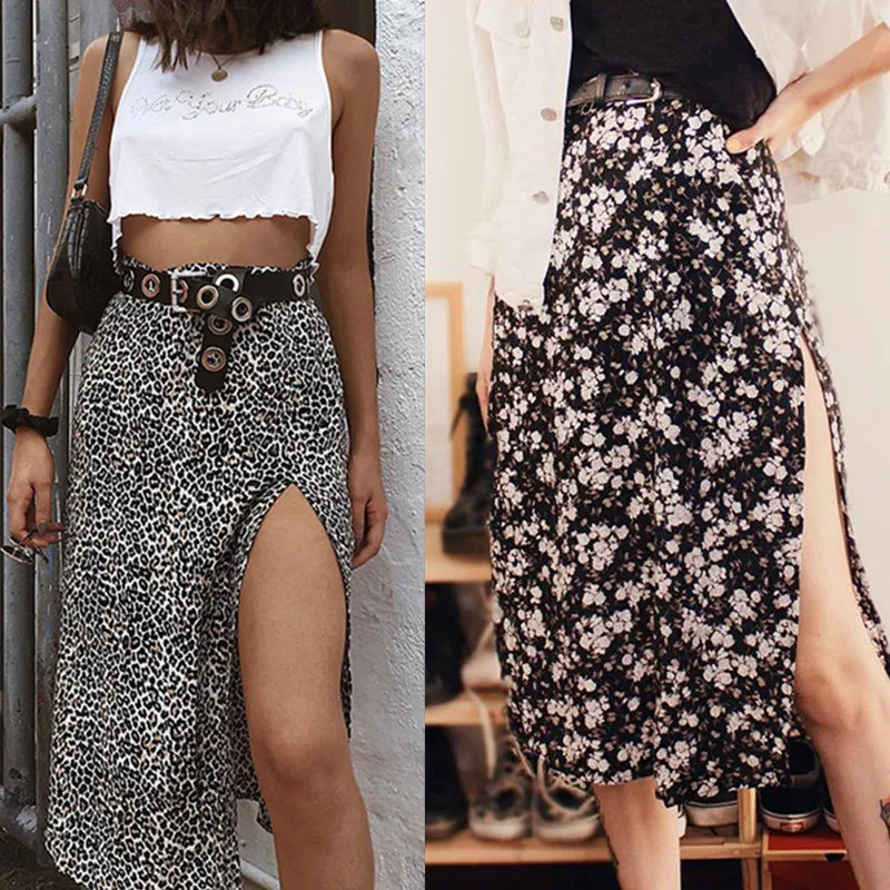 

Sexy Leopard Print Split Skirts Women High Waist Elastic Split Midi A- Line Skirt Streetwear Fashion Long Skirt For Women Female