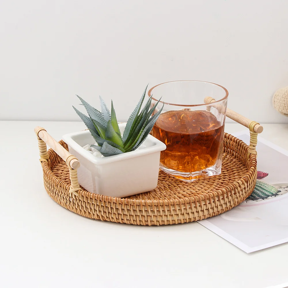 Круглый поднос ручной работы из ротанга корзина для фруктов с ручкой хранения