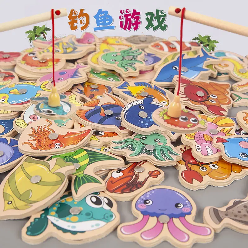 

Wooden Magnetic Fshing Game Cartoon Marine Life Cognition Fish Rod Toys for Children Early Educational Parent-child Interactive