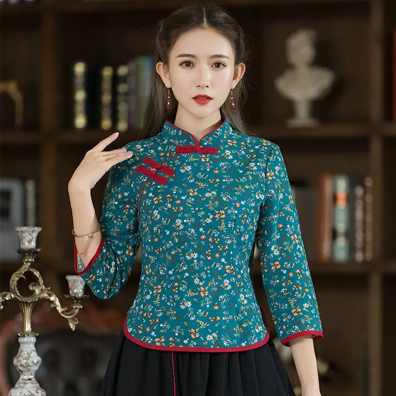 

Cotton and linen cheongsam top Chinese style ethnic style Tang suit ladies long-sleeved Republic style shirt