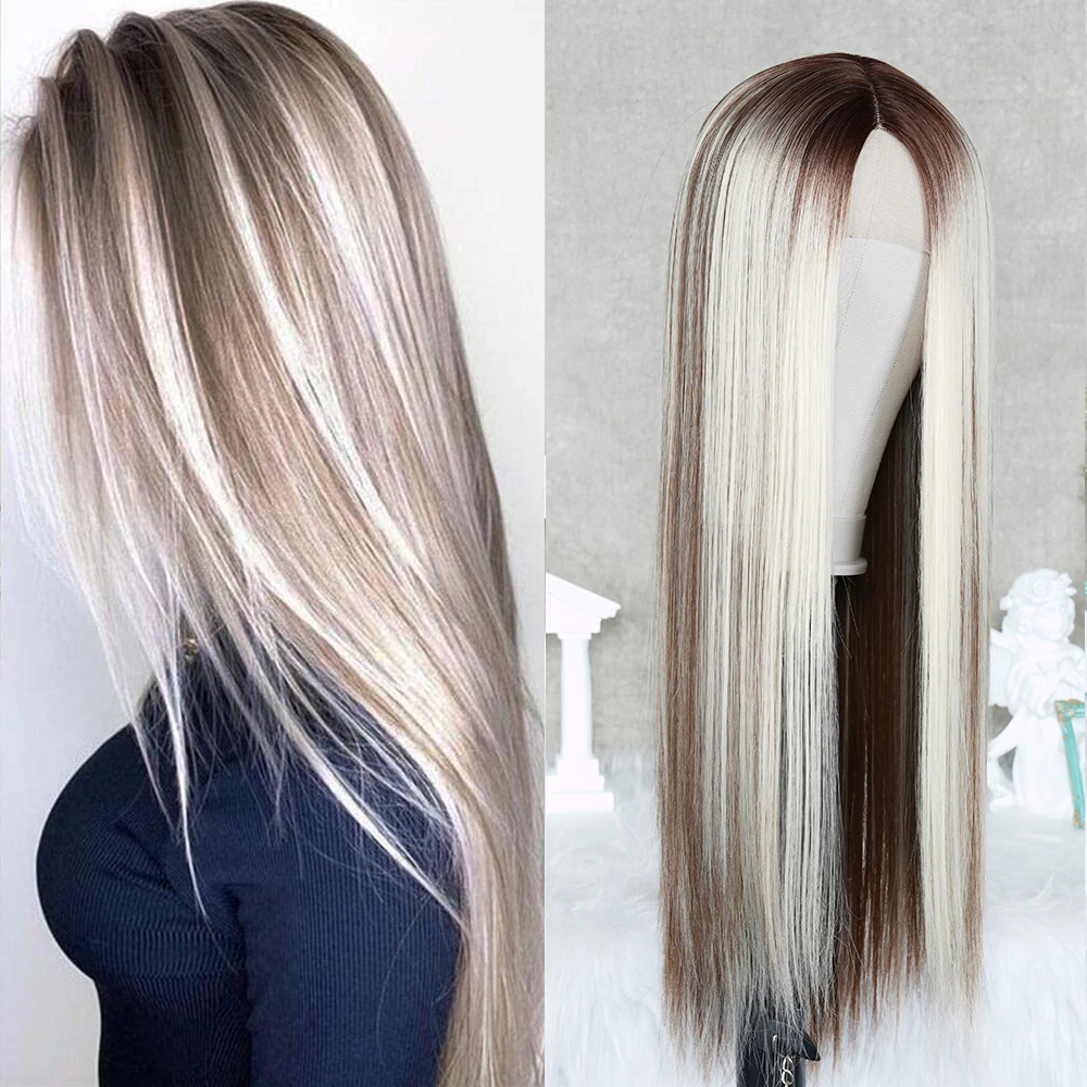 

Ash Blonde Straight Lace Wig Long Straight Hair Highlight Wig Ombre Blonde Synthetic Hair Wig Middle Part Wigs For Black Women