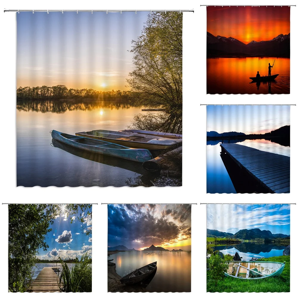 

Shower Curtain for Bathroom Lake Fishing Nature Landscape Wooden Boat Waterproof Bathtub Curtain Set with Hook Bath Screen