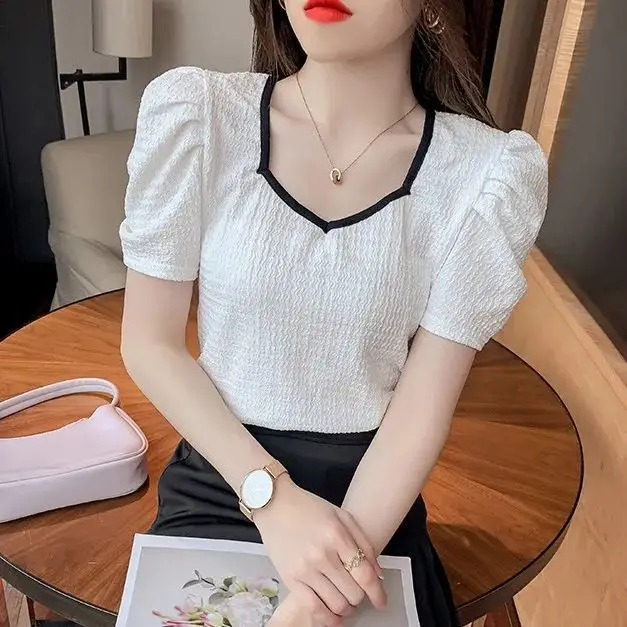 

2022 Women Summer Fashion Chic Square Collar Tops Shirts Female Short Sleeve Slim Blouses Ladies Solid Color Short Shirts R30