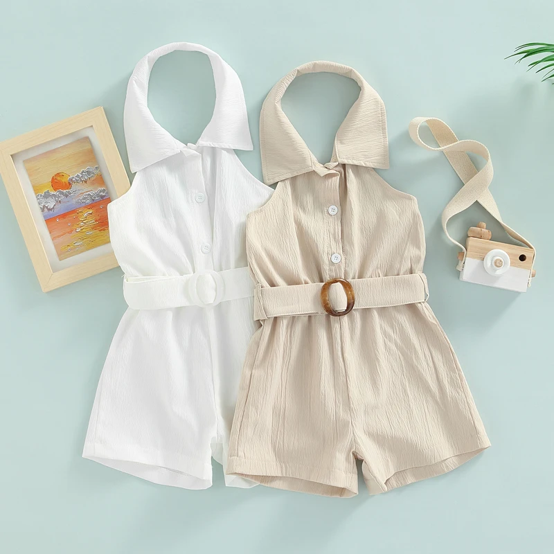 

Summer Children Girls Jumpsuits with Belt Casual Outfits Solid Sleeveless Backless Cotton Button Jumpsuits Clothing
