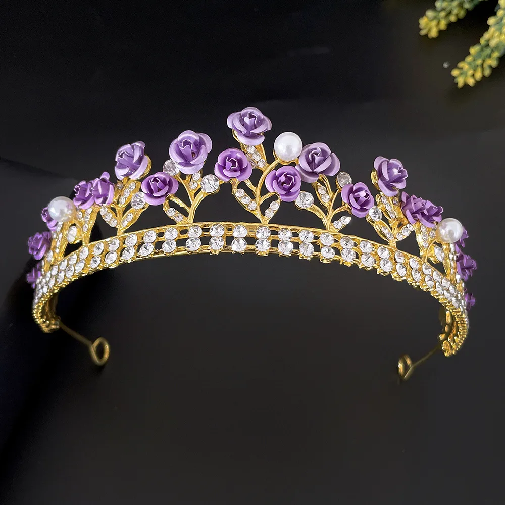 

Purple Rose Flower Tiaras And Crowns Wedding Hair Accessories Pearls Crystal Diadems Women Hair Jewelry Baroque Vintage Crown