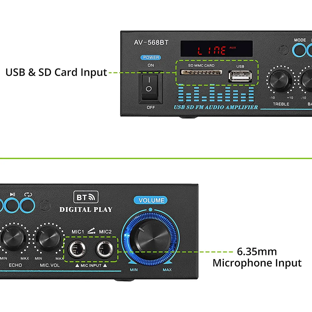 Стереоусилитель мощности звука AV-568BT Усилитель Bluetooth 2 0 канала 50 Вт X с входами RCA USB
