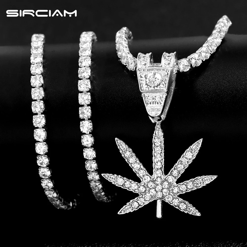 

Iced Out 4mm Zircon Tennis Chain Necklace Men Women Crystal Maple Leaf Pendant Necklace Cuban Link Chain Hiphop Party Jewelry
