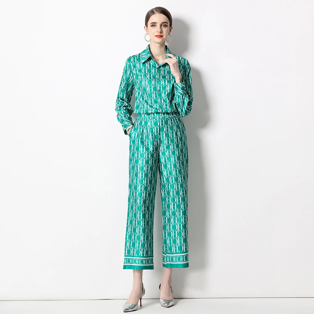 

High Street Runway Letter Print Long Sleeve Blouse & Wide Leg Pants Fashion 2 Pieces Sets Women Chic Designer Outfits N2049