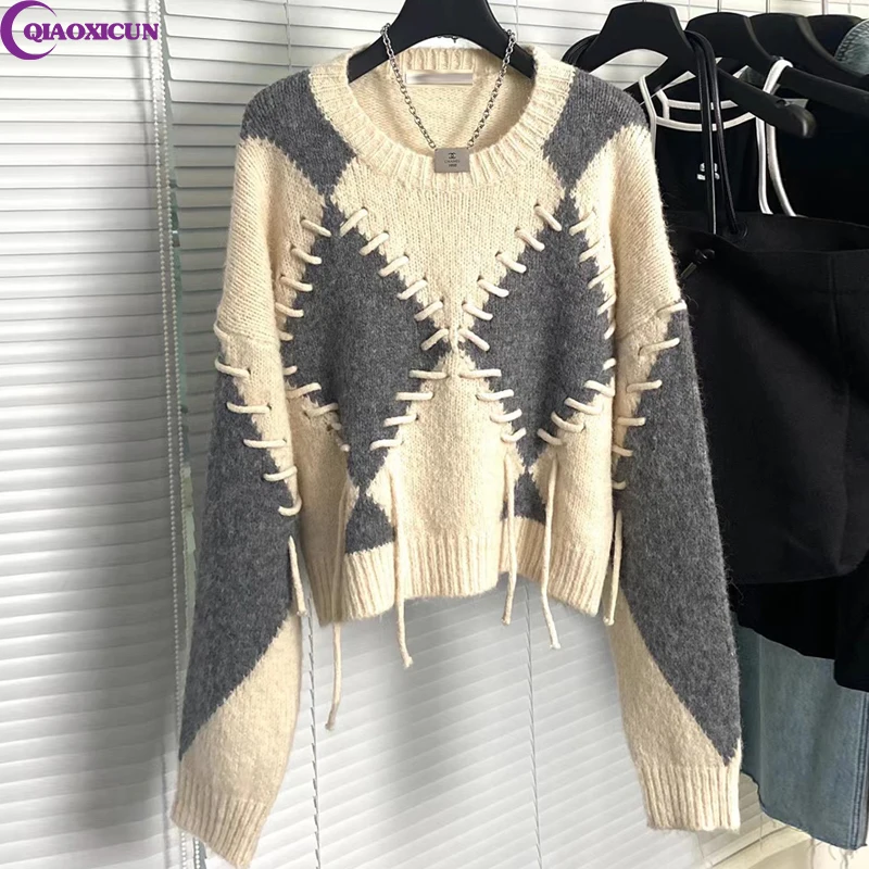 

Осень/Зима 2022 Новинка модный Свободный пуловер в южнокорейском стиле с круглым вырезом вязаный серый свитер в клетку со стразами для женщин