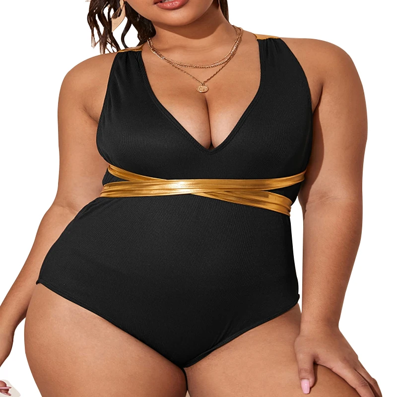 

Plus Size One Piece Swimsuits 4XL Bathing Suits For Women Sexy Plunge V Neck Large Size Swimwear Criss-Cross Bandage Monokini
