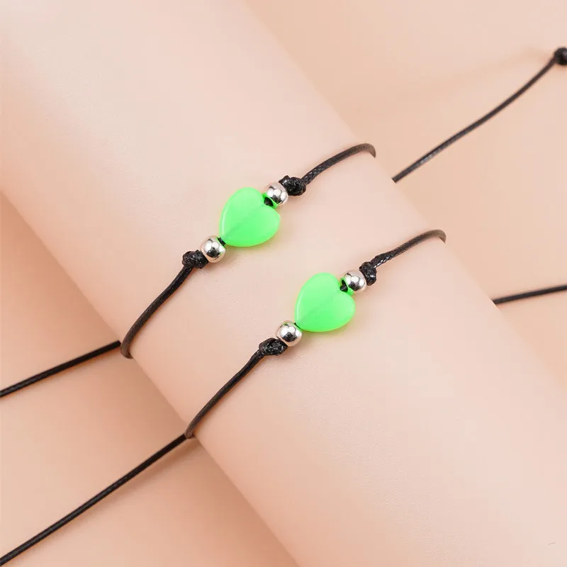 

2Pcs/Set Acrylic Luminous Love Heart Beads Woven Couple Bracelet For Women Men Fashion Rope Bracelets Friendship Jewelry Gifts