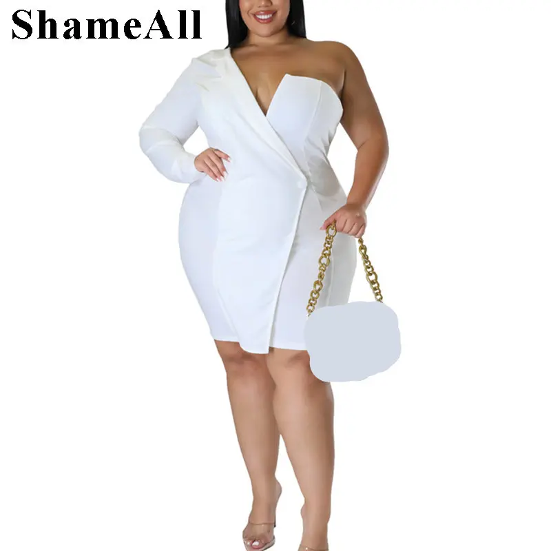 Plus Size One Shoulder Long Sleeve White Party Dress 4XL Sexy Backless Mini Blazer Night Dress Birthday Evening Bodycon Outfits