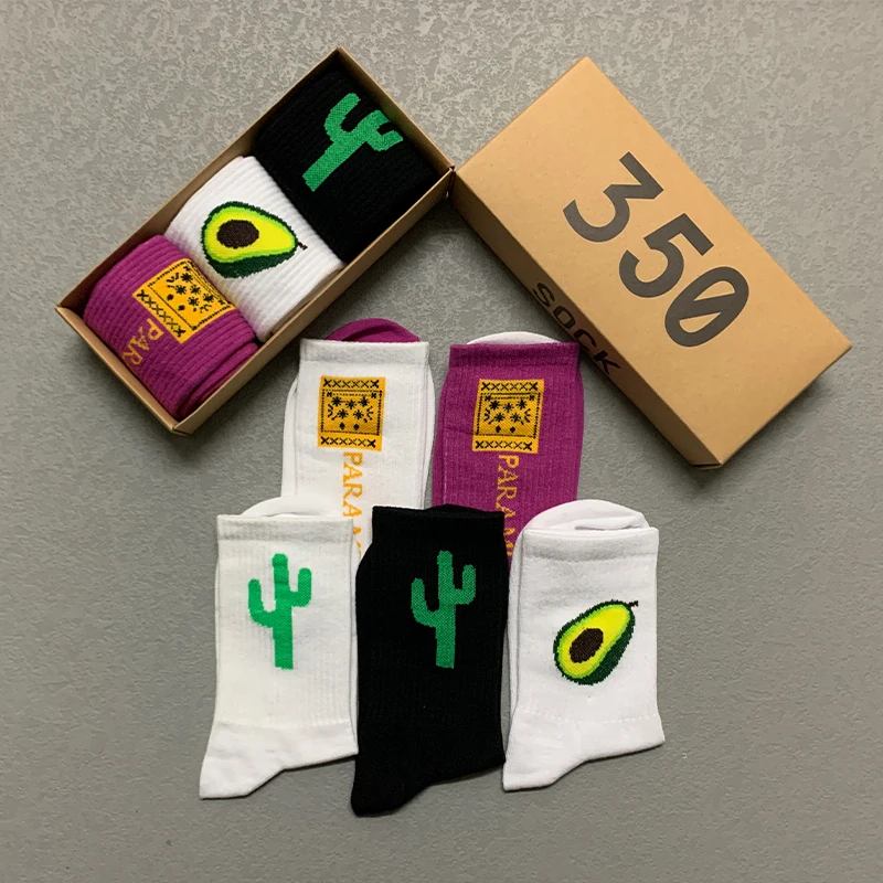 3 Pairs/Box Simplicity Cartoon Cactus Avocado Stockings Cotton Harajuku White Printted Fashion Gifts for Men Women Long Socks