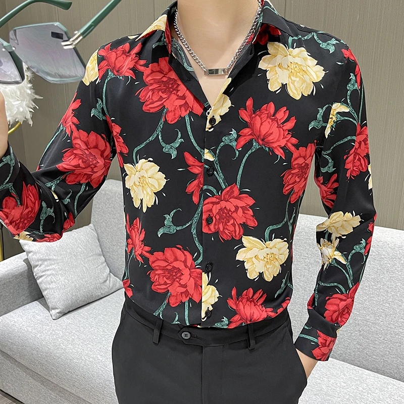 2022 Vintage Flowers Shirts Men Autumn Long Sleeve Slim Casual Shirt Fashion Streetwear Social Party Tuxedo Blouse Men Clothing