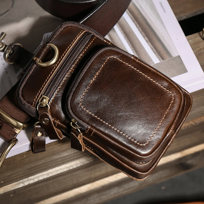 Vintage Crazy Horse Leather Fanny Waist Pack Men Genuine Leather Travel Belt Waist Bags Small Phone Pouch Loop Shoulder Bag