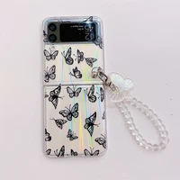 cute butterfly clear phone case for samsung galaxy z flip 3 cover hard pc protective cases for samsung z flip3 funda with strap
