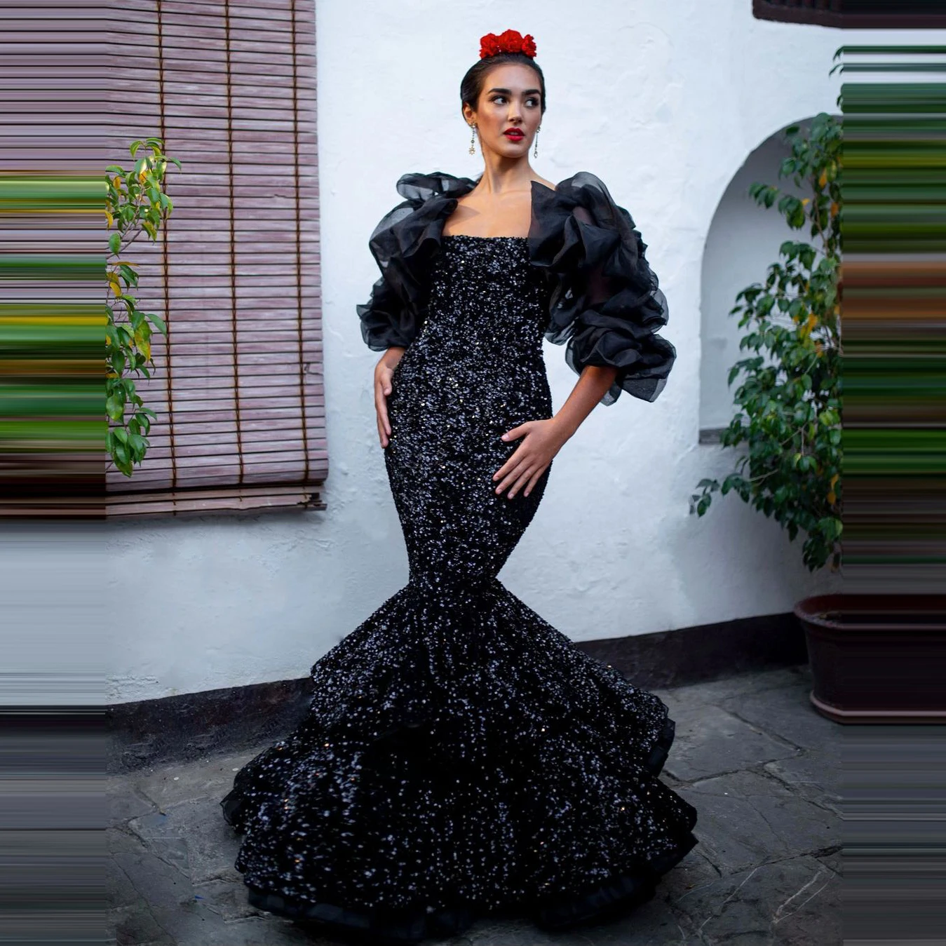 

Elegant Mermaid Spanish Evening Gowns Puffy Tulle Long Sleeves Trumpet Prom Gowns Ruffles Lace Up Back Long Black Party Dress