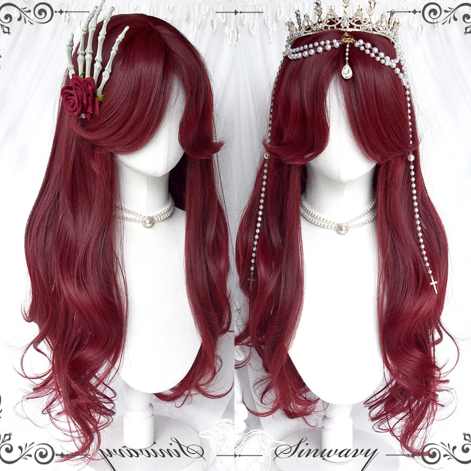 

HOUYAN synthesis Long wavy curly hair red middle part bangs cosplay Lolita girl bangs wig Heat-resistant party wig