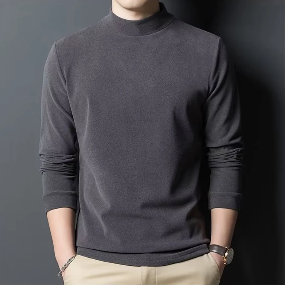 

Men's Autumn Winter Turtleneck Thermal Double-Sided Fleece Underwear Long-Sleeved Solid Color Bottoming T-Shirt ElasticTops