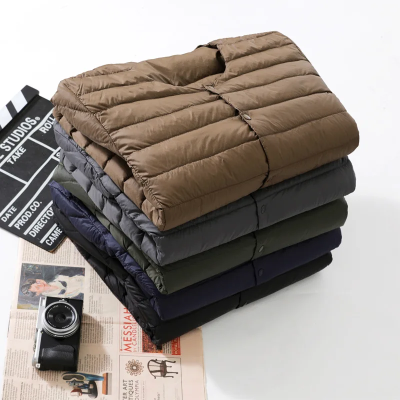 2022 New Autumn Winter Male Fashion Ultra Light Duck Down Jackets Windproof Feather Coats Collarless Warm Men Clothes Streetwear