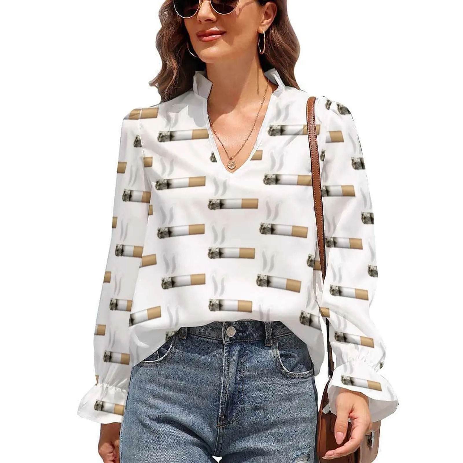 

Cigarette Blouse Smoking Puff Sleeve Evening Sweet V Neck Shirt Women Cheap Shirts