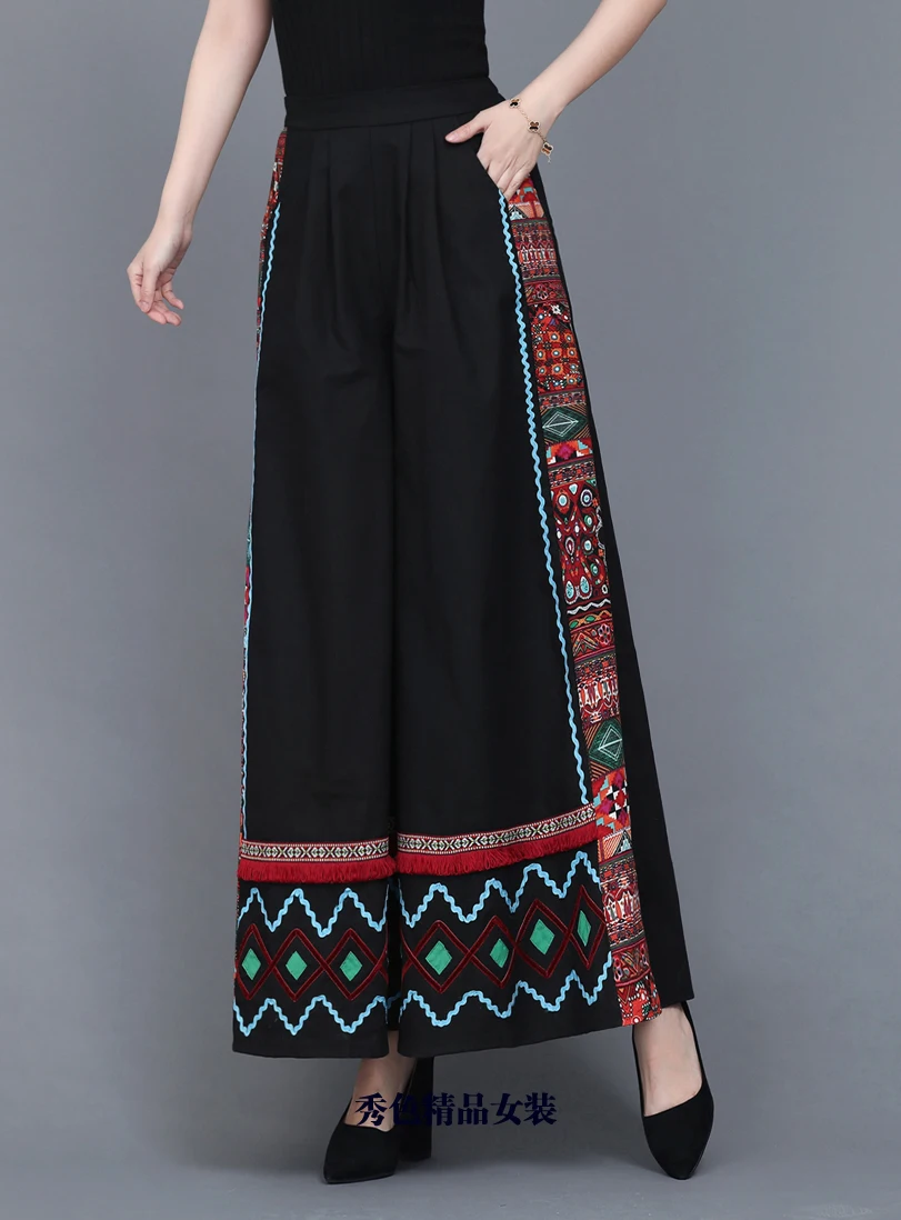 Women Wide Leg Trousers Spring Ethnic Style Pants Print Casual