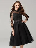 a line elegant black cocktail party dresses 2022 illusion neck 34 sleeves lace appliques prom birthday gown robe de soiree