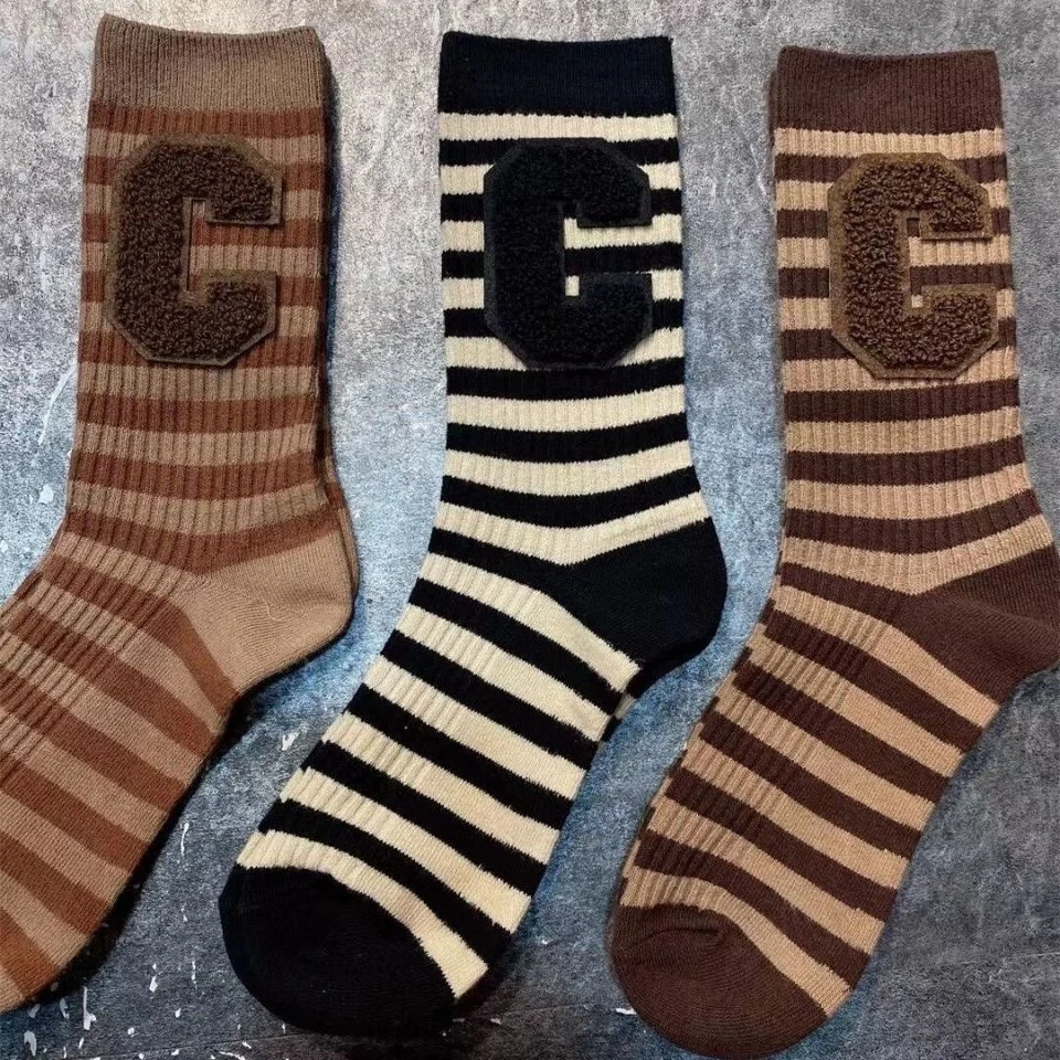 Colorblock Striped Letter C Middle Tube Stockings for Women New Autumn Winter Fashion Net Red All-match Cotton Socks Casual