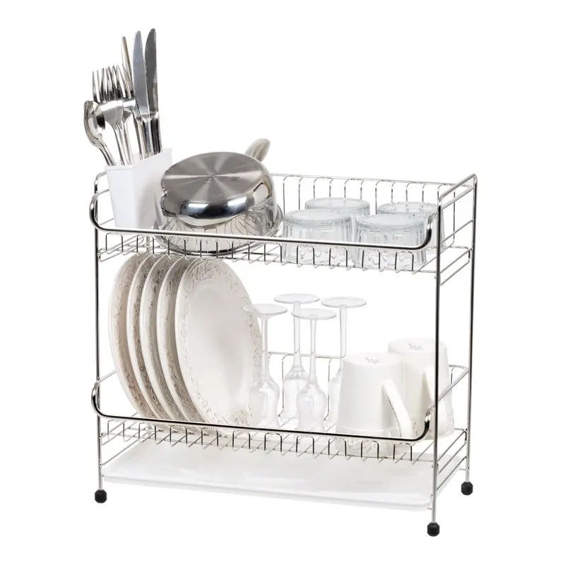 

2-tier Stainless Steel Slim-sized Dish Rack with Drain Spout, White