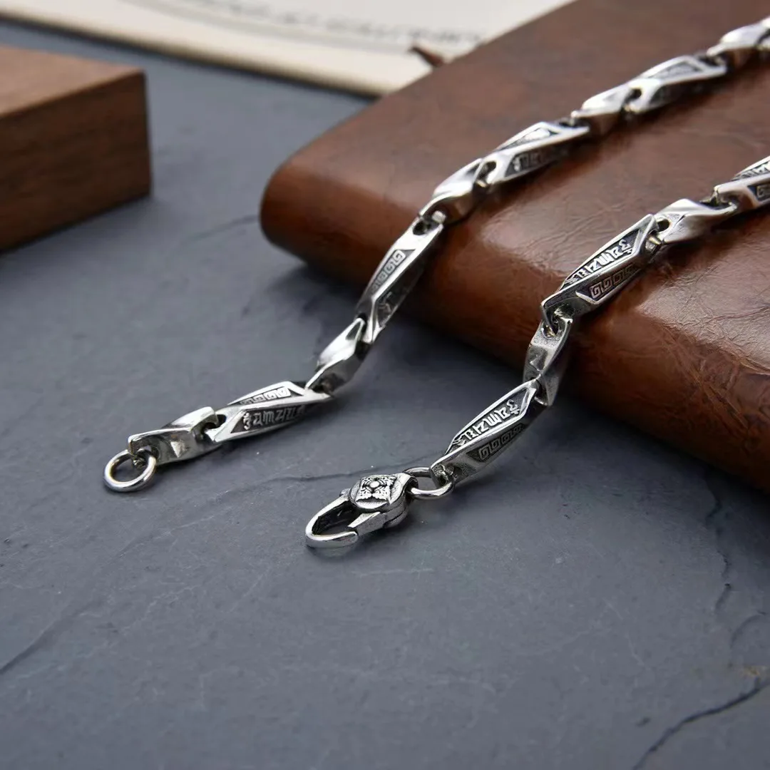 

JS Vintage Gothic Men Chains Necklaces S925 Sterling Silver Mantra Vajra Pestle Buckle for Male Party Jewelry Accessories