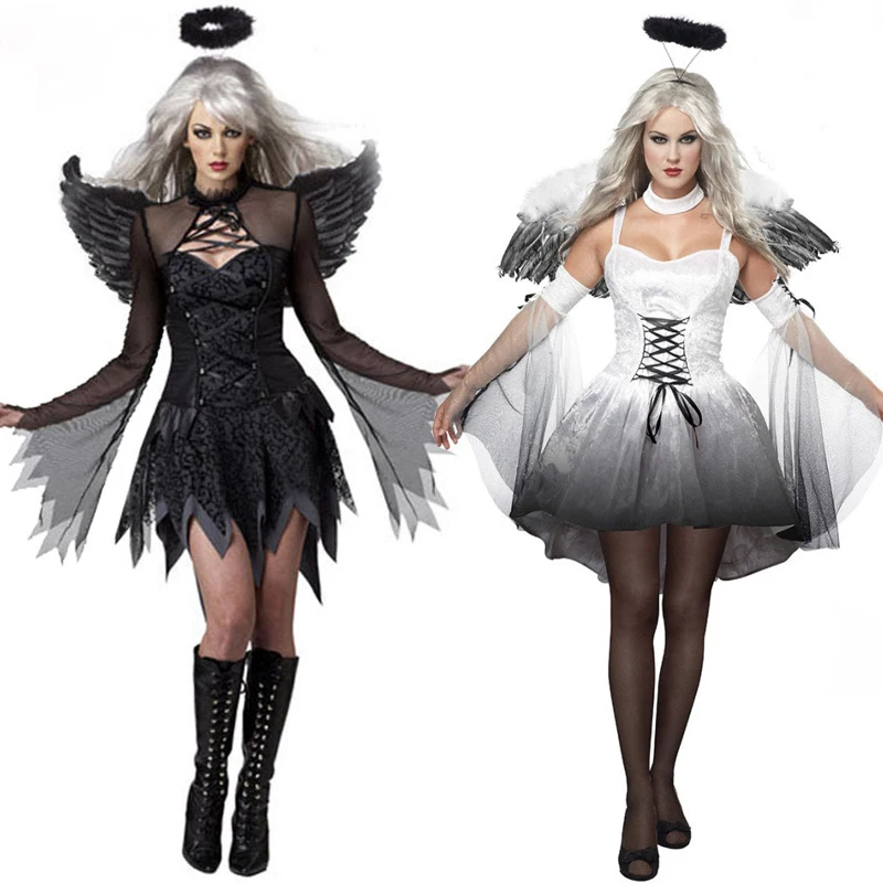 

M-3XL Women Dress Wings Angel Costume Halloween Devil Fallen Angel Lucifer Cosplay Uniform Dress Hen Party Fancy Dress
