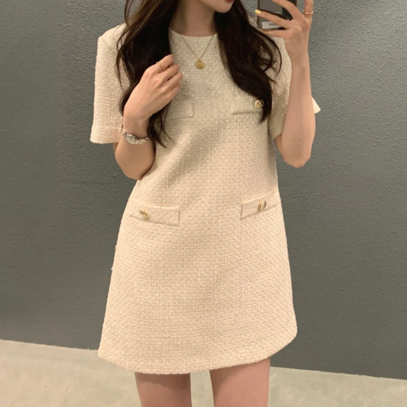 

Korean Fashion Loose Tweed Mini Dress Woman O Neck Short Sleeve Vinatge Button Above Knee Office Dresses Women Dropshipping