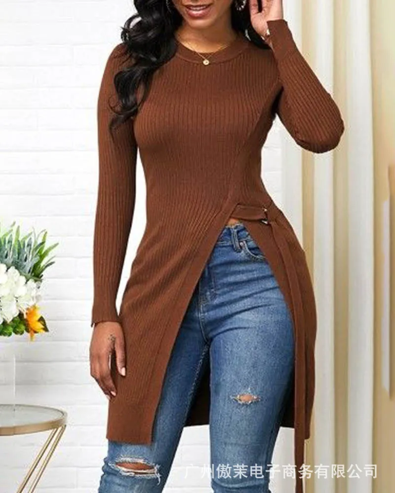 

2022 Women's Casual Solid Color Mid-length Top Slim High Waist Slit Female Long Sleeve Tops Spring and Autumn Casual