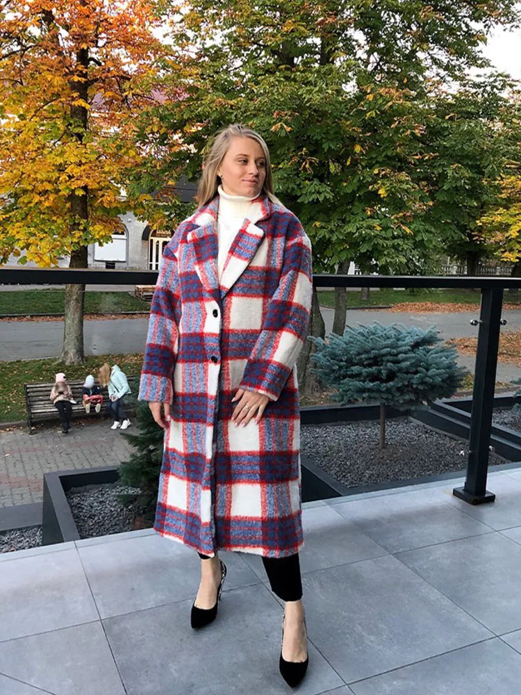 

ZATRHMBM Women 2022 Autumn Winter Brushed Thick Wool Check Overcoat Vintage Long Sleeve Button Female Outerwear Chic Overshirt