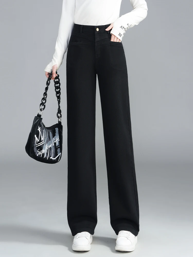 Plus Size Straight Jeans Women's Spring/Autumn/Winter 2024 New Small High Waist Slimming Fleece-lined Capri Narrow Wide Leg P...