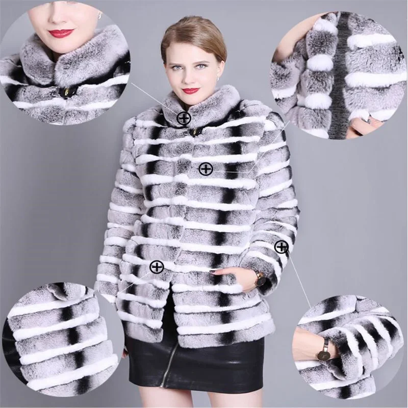Length 70CM Natural Chinchilla Rex Rabbit Fur Coat Jacket Women's Winter Warm Stand Collar Striped Outerwear