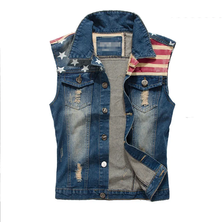 

Brand Mens Denim Vest Men Cowboy Ripped Sleeveless Vintage Jacket Tank Spring USA Flag washed Jeans Vest Plus Size 5XL