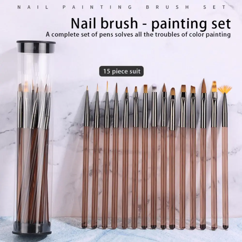 

ELECOOL 15Pcs Nail Art Brushes Design Tip Painting Drawing Carving Dotting Pen FlatFan Liner Acrylic Gel UV Polish Manicure Tool