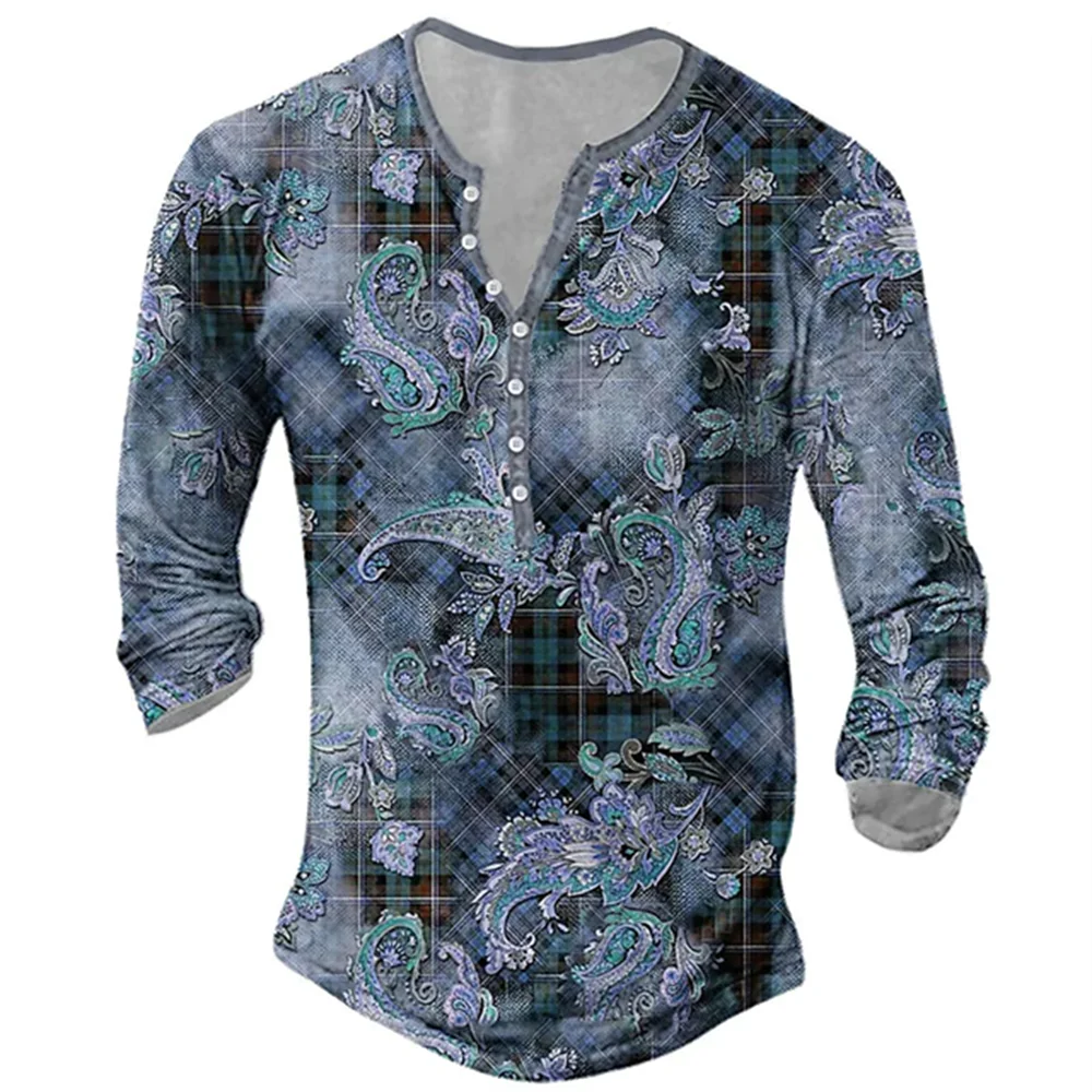 

Vintage Henley Shirt For Mens Cotton Knight Print Long Sleeve T-shirt Gothic Top Oversized Tee Shirt Man Clothes Punk Streetwear