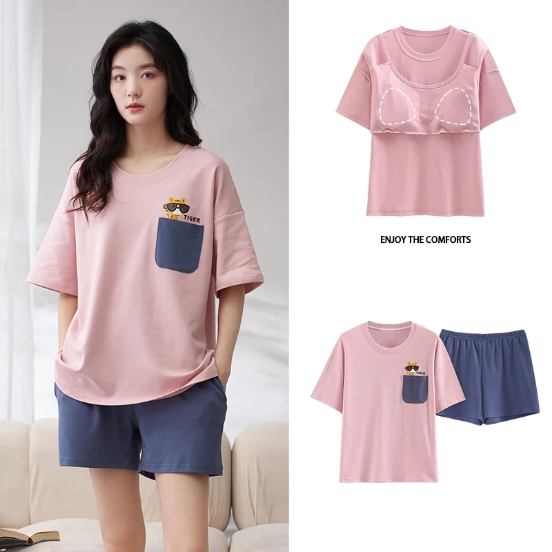 Home Suit for Women Pajamas Summer Loose Sleepwear 100% Cotton Luxury Thin Pyjama Set Elegant 2 Pcs Short Sleeve Free Shipping