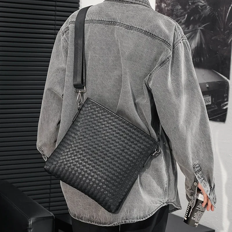 

Solid Black Messenger Bag Men Leather Men'S Shoulder Bag Vertical Woven Crossbody Bags For Man Casual Knitting Bags