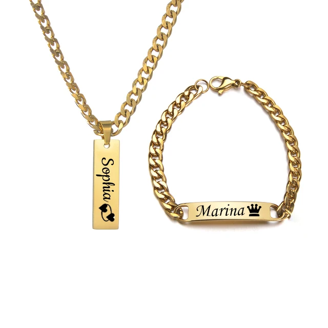 

Customized Engraved Name Punk Necklace Bracelets Letter Stainless Steel Jewelery Sets for Women Men Cuban Chain Personlized Gift