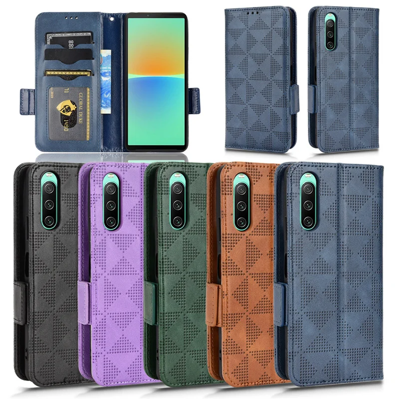 

For Sony Xperia 10 IV Leather Flip Stand Luxury Phone Case Sony 10 IV Symmetrical Triangle Leather Phone Case with Lanyard