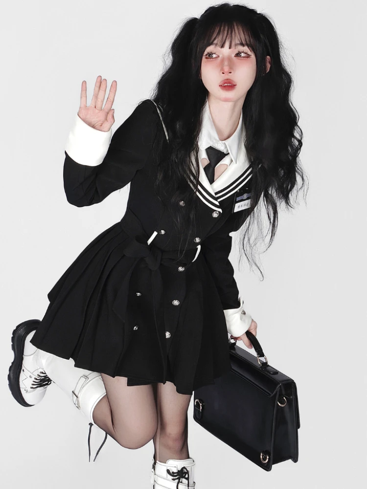 

Black Korean Style Elegant Dress Women Navy Collar Sweet Party Mini Dress Female Long Sleeve College Style One-piece Dress 2022