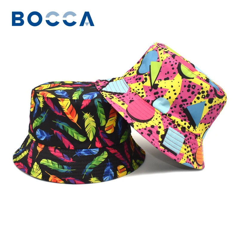 

Bocca Colorful Feather Bucket Hat Double Sides Panama Fisherman Hats Men Women Reversible Creative Print Pattern Summer Sun Cap