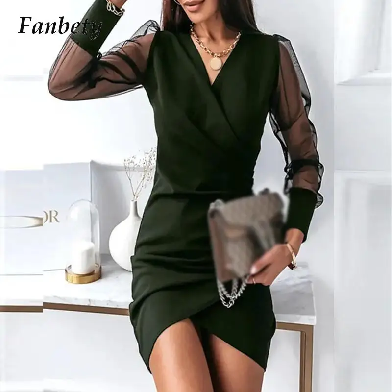 

Fashion Office Lady New Mesh Long Sleeve Dress Sexy Slim V-Neck Folds Commute Dress Party Women Elegant Sexy Mini Dress Vestidos