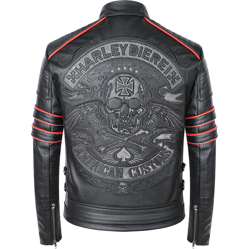 

Черные мотоциклетные кожаные куртки с вышивкой черепа, мотоциклетная куртка из 100% натуральной воловьей кожи, байкерское кожаное пальто, зимняя теплая одежда M219